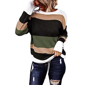 Womens Striped Sweater Color Block Crewneck Oversized Drawstring Fall Winter